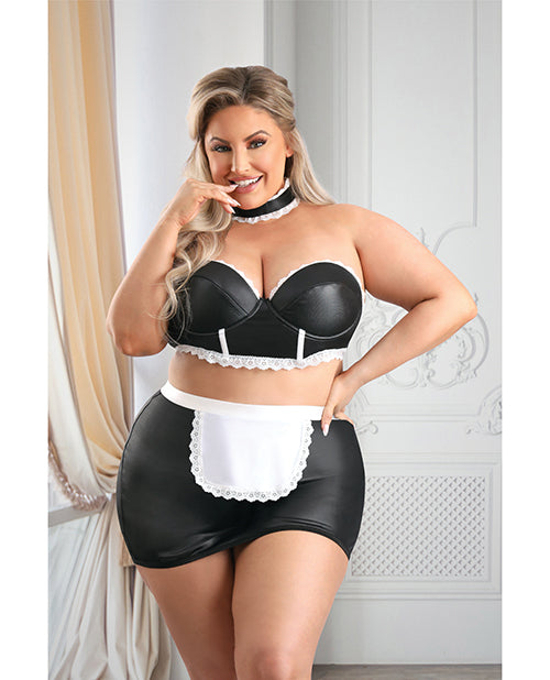 Play 5-star Service Wetlook Bustier, Open Back Skirt, G-string & Choker Black/white