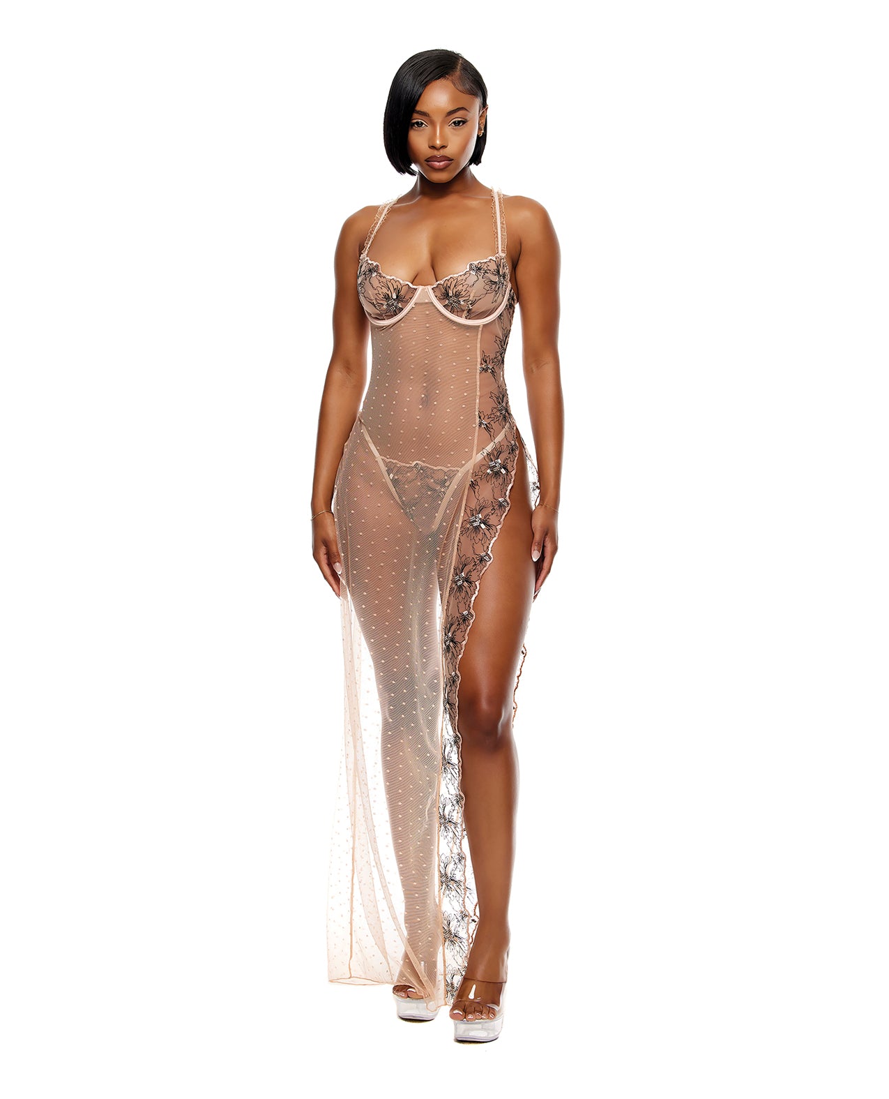 Just Peachy Embroidered Gown w/G-String 2 pc Set - Peach