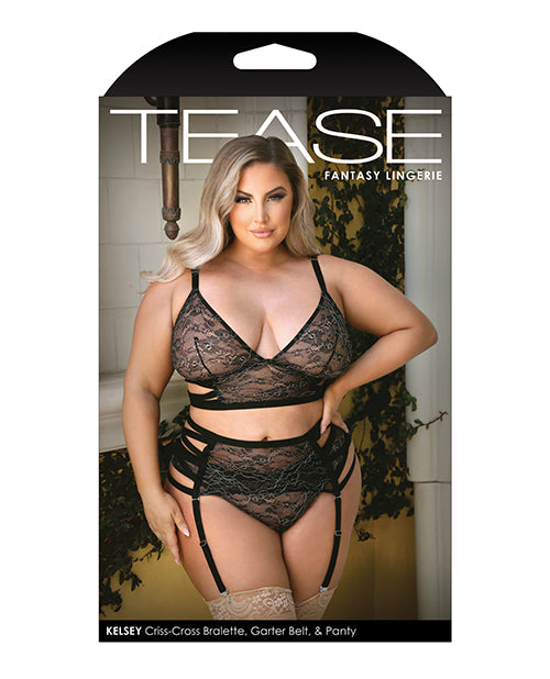 Tease Kelsey Criss Cross Metallic Lace Bralette, Garterbelt & Panty Black