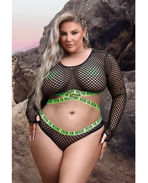 Vibes Fuck Ur Rules Long Sleeve Crop Top, Panty & Pasties Black/green