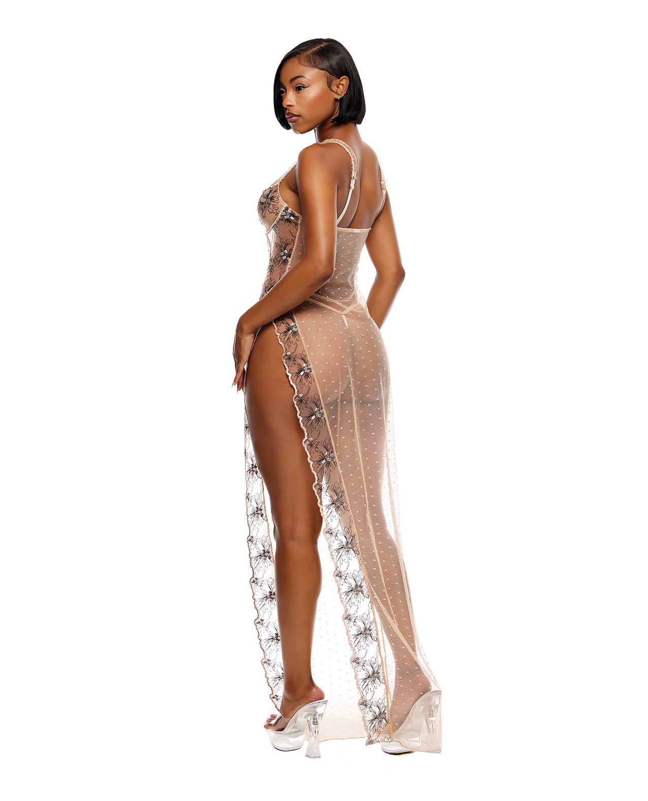 Just Peachy Embroidered Gown w/G-String 2 pc Set - Peach