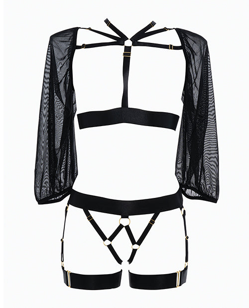Adore Ibi^a Babe Strappy Open Front Bodice w/Mesh Sleeves & Open Gartered Panty Black O