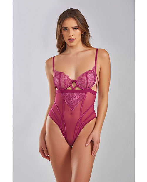 Quinn Cross Dyed Galloon Lace &amp; Mesh Teddy Wine