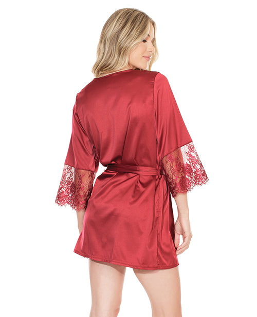Stretch Satin Robe W/eyelash Lace Sleeve Robe Merlot