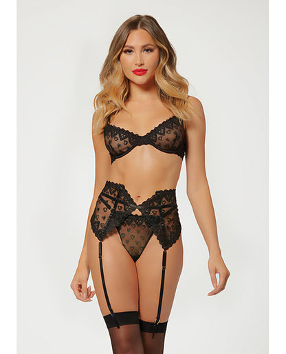 Valentines Heart Embroidered Mesh Bra, Waspie &amp; Panty Black