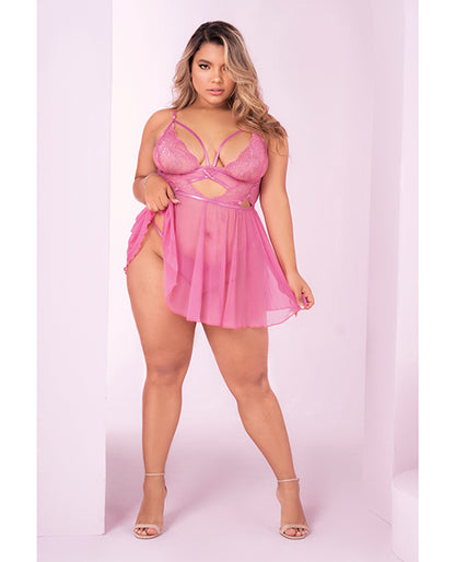 Floral Lace Peek A Boo Babydoll &amp; G-string Sunset Pink