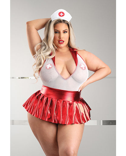 Play Pulse Check Collared Teddy W/open Back, Pleated Skirt, Medic Hat &amp; Pasties Red/white