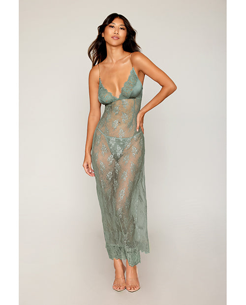 Eyelash Lace &amp; Satin Long Chemise w/G-String - Sage Green