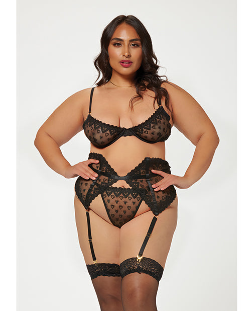 Valentines Heart Embroidered Mesh Bra, Waspie &amp; Panty Black