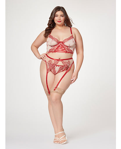 Sheer Stretch Mesh W/floral Contrast Embroidery Bustier, Garter Belt &amp; Thong Red/nude