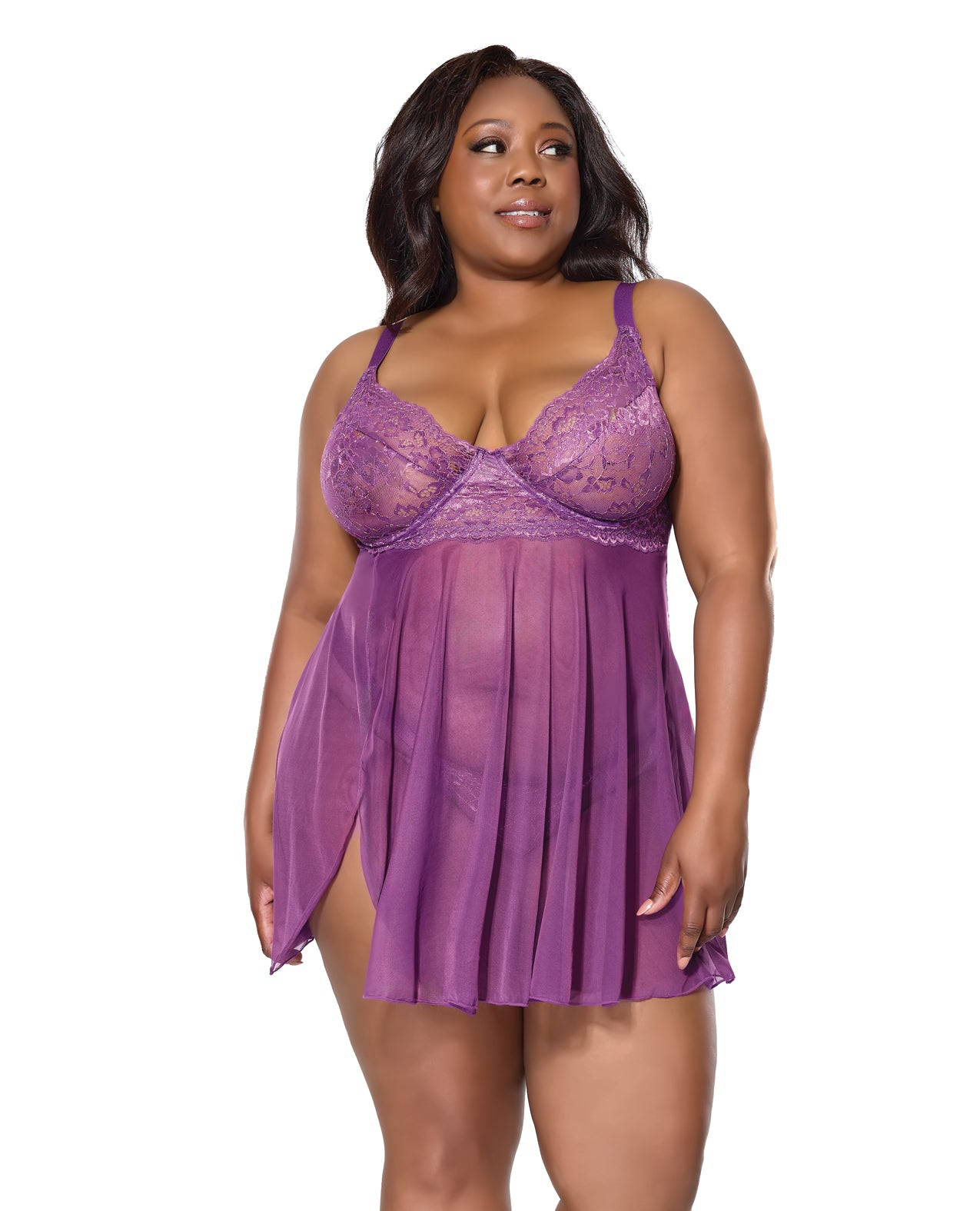 Metallic Stretch Lace &amp; Mesh Babydoll w/Thong - Purple 1X/2X