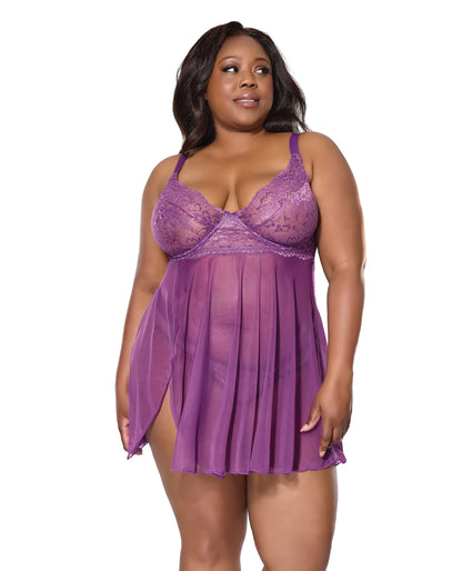 Metallic Stretch Lace &amp; Mesh Babydoll w/Thong - Purple 1X/2X