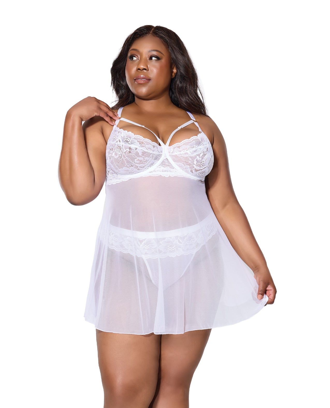 Scallop Stretch Lace &amp; Mesh Babydoll w/Thong - White 1X/2X