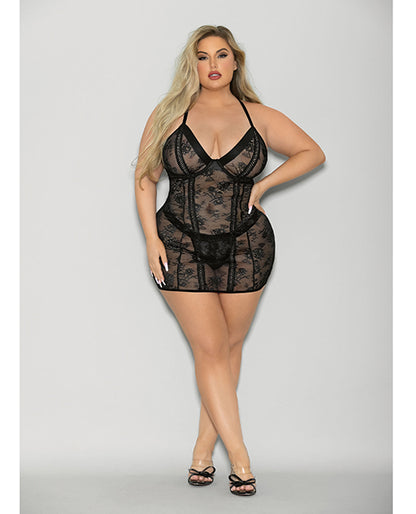 Flame Fetish Boss Lady Lace Up Back Chemise &amp; Wide Band Thong Black 1X/2X