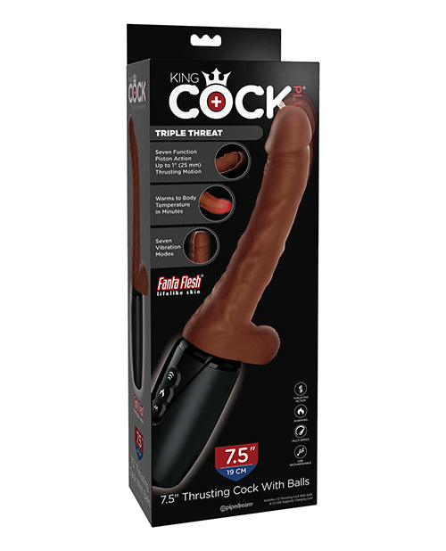 King Cock Plus Thrusting, Warming & Vibrating 7.5" Triple Threat Dong - Brown