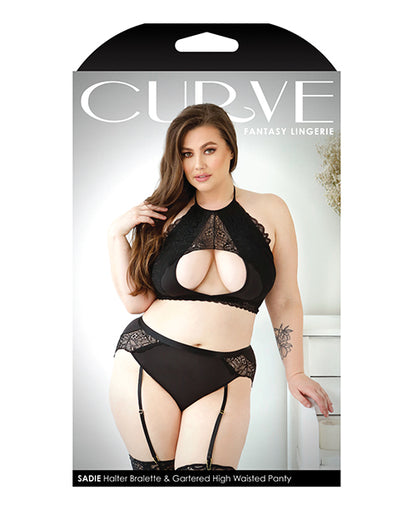 Curve Sadie Lace Overlay Keyhole Halter Top &amp; Gartered Panty Black