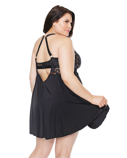 Scallop Stretch Lace &amp; Microfiber Inner Bra Babydoll Black