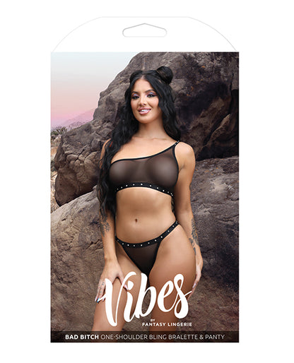 Vibes Bad Bitch One Shoulder Bling Bralette &amp; Panty Black