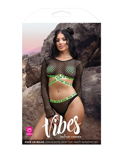 Vibes Fuck Ur Rules Long Sleeve Crop Top, Panty &amp; Pasties Black/green