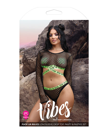 Vibes Fuck Ur Rules Long Sleeve Crop Top, Panty &amp; Pasties Black/green