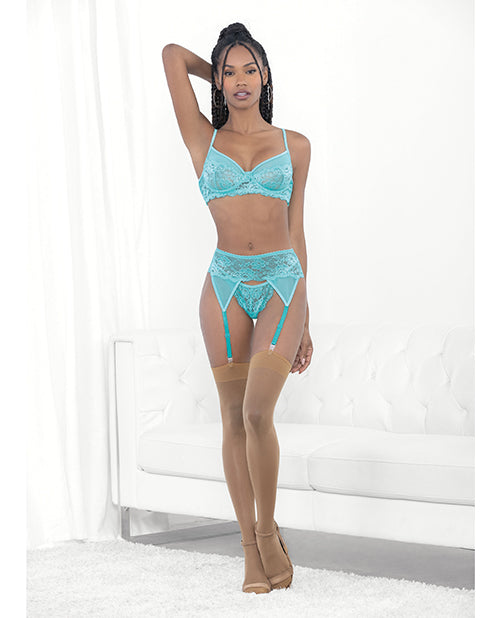 Lace &amp; Mesh Underwire Bra, Garterbelt &amp; G-string Malibu Blue