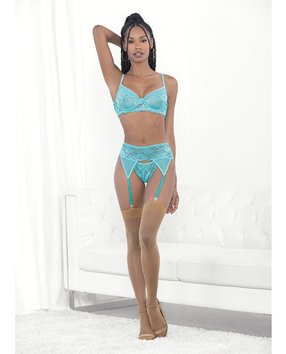 Lace &amp; Mesh Underwire Bra, Garterbelt &amp; G-string Malibu Blue