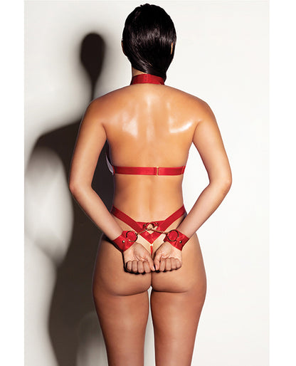 Fetish Submissive V-plunge Vinyl Teddy W/removable Chain Harness &amp; Hand Cuff Black