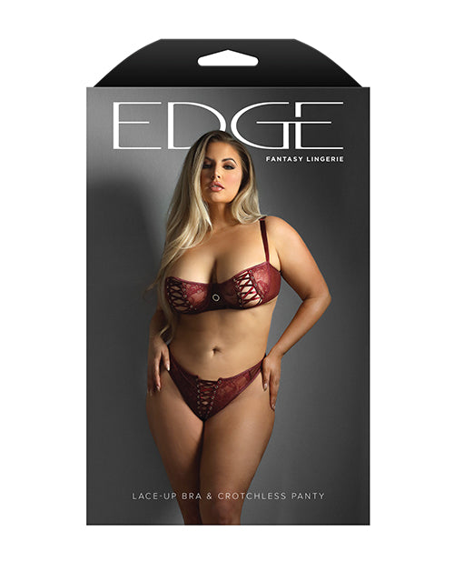 Edge Lace and Mesh Underwire Bra &amp; Crotchless Panty w/Lace-up Detail - Wine