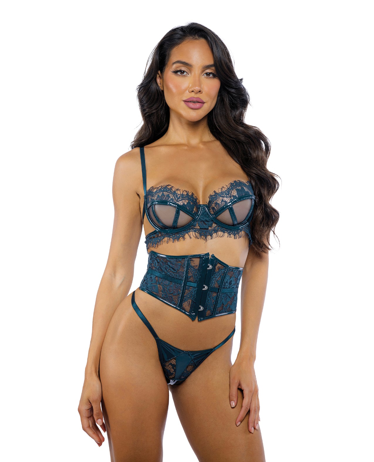 Eden Scalloped Eyelash Lace &amp; Wet Look Waspie 3 pc Set - Teal