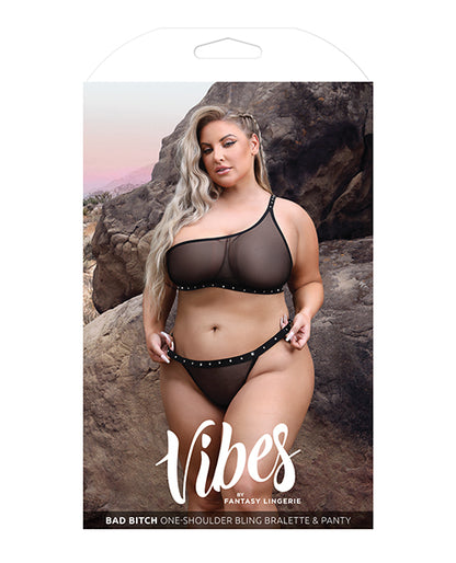 Vibes Bad Bitch One Shoulder Bling Bralette &amp; Panty Black