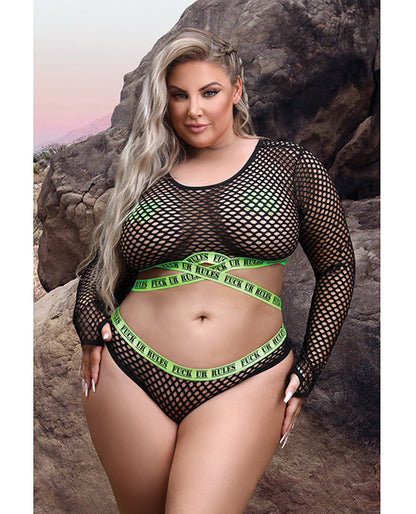 Vibes Fuck Ur Rules Long Sleeve Crop Top, Panty &amp; Pasties Black/green