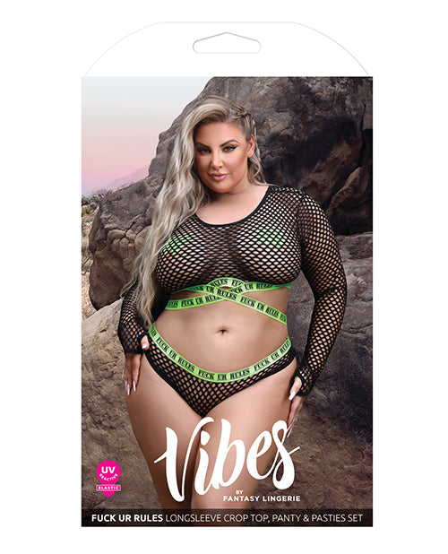 Vibes Fuck Ur Rules Long Sleeve Crop Top, Panty &amp; Pasties Black/green