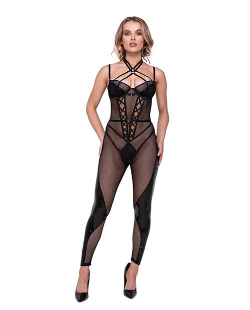Flirty Fetish Fishnet &amp; Faux Leather Catsuit W/satin Trim Black