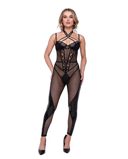 Flirty Fetish Fishnet &amp; Faux Leather Catsuit W/satin Trim Black
