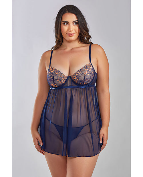 Jennie Cross Dyed Galloon Lace &amp; Mesh Babydoll Navy