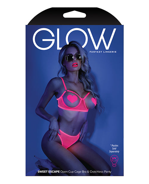 Glow Black Light Open Cup Bra &amp; Crotchless Panties (pasties Not Included) Neon Pink