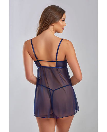 Jennie Cross Dyed Galloon Lace &amp; Mesh Babydoll Navy