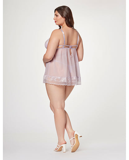 Sheer Mesh &amp; Lace Demi Cup Babydoll &amp; Thong Lavender