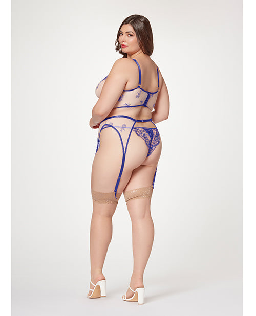 Sheer Stretch Mesh W/floral Contrast Embroidery Bustier, Garter Belt &amp; Thong Blue/nude