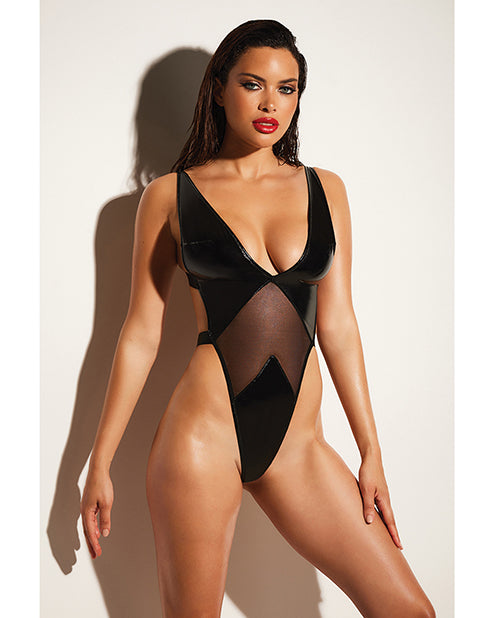 Fetish Limitless Soft Cup High Leg Vinyl &amp; Mesh Teddy Black