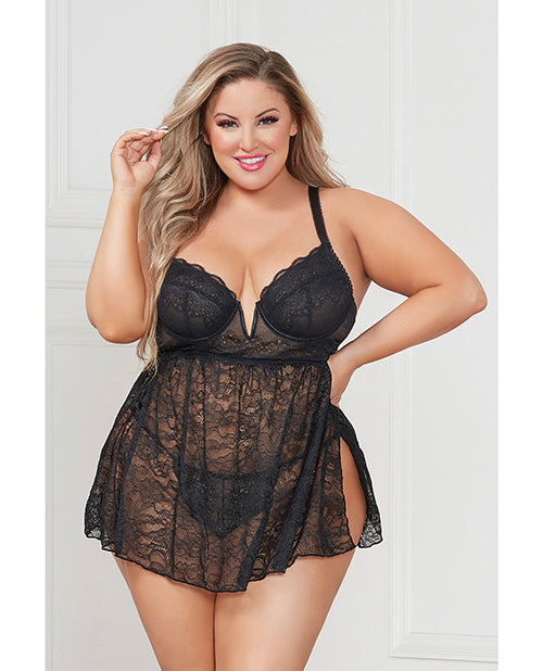 Stretch Lace Babydoll W/underwire Cups &amp; G-string Black