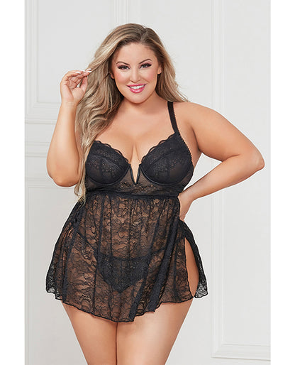 Stretch Lace Babydoll W/underwire Cups &amp; G-string Black