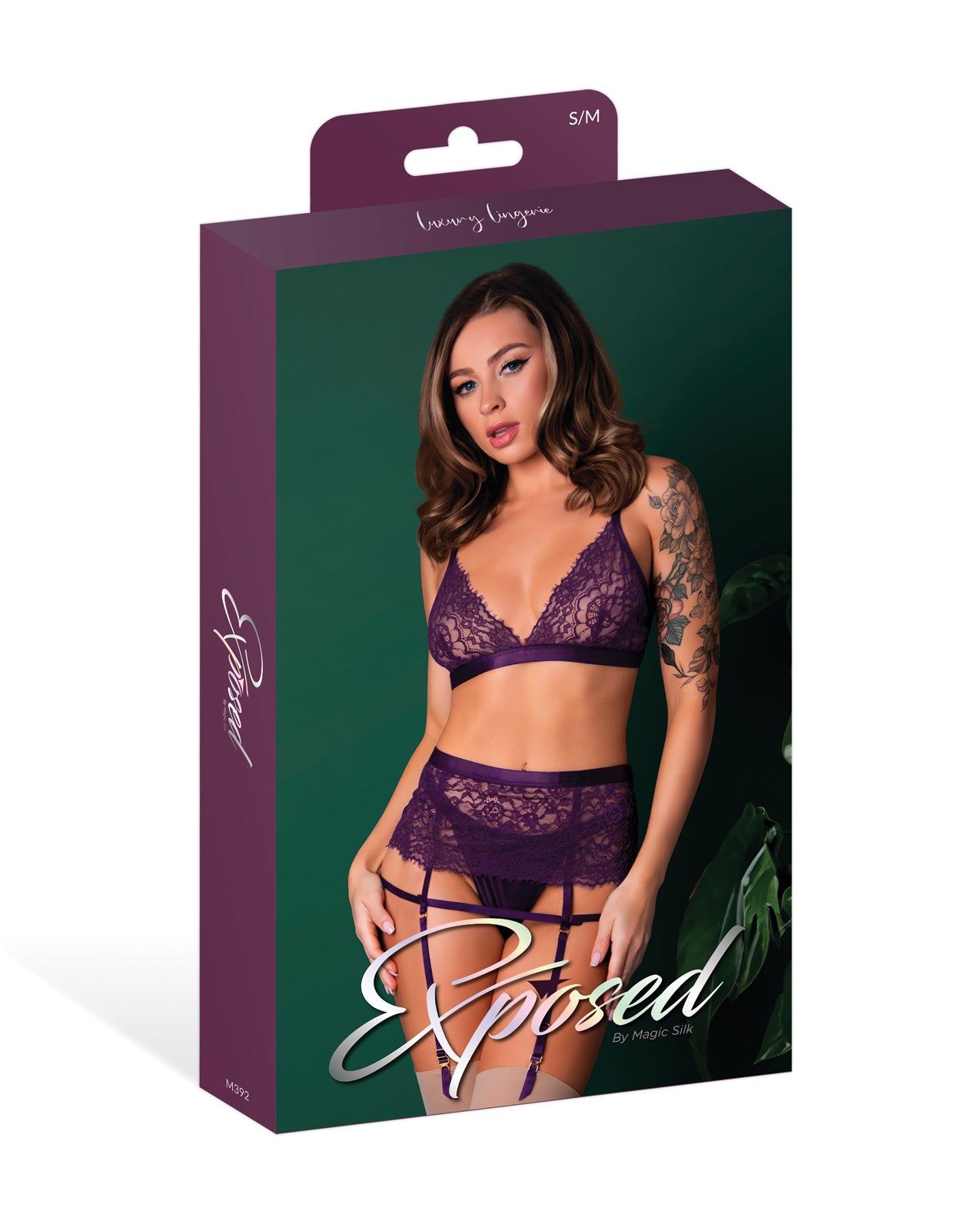 Leather &amp; Lace Stretch Mesh and Lace Bralette w/Garter &amp; Thong 3 pc Set - Plum