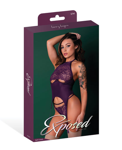 Leather &amp; Lace Stretch Mesh and Lace Underboob Cutout Corset &amp; Panty 2 pc Set - Plum