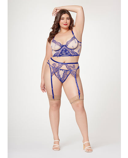 Sheer Stretch Mesh W/floral Contrast Embroidery Bustier, Garter Belt &amp; Thong Blue/nude