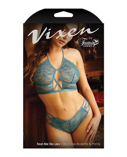 Vixen Teal Me No Lies Criss Cross Lace Halter Bralette &amp; Panty Teal
