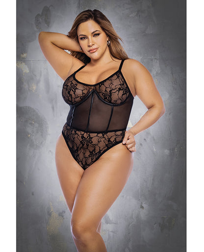 Floral Lace &amp; Mesh Underwire Bodysuit W/lace Up Back Black