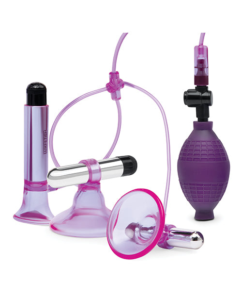 Lux Fetish Vibrating Nipple Suckers w/Clitoral Pump &amp; Quick Release - Pink/Purple