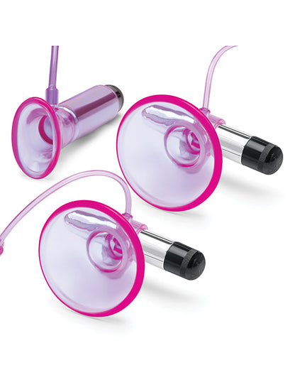 Lux Fetish Vibrating Nipple Suckers w/Clitoral Pump &amp; Quick Release - Pink/Purple