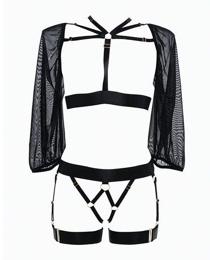 Adore Ibi^a Babe Strappy Open Front Bodice w/Mesh Sleeves &amp; Open Gartered Panty Black O